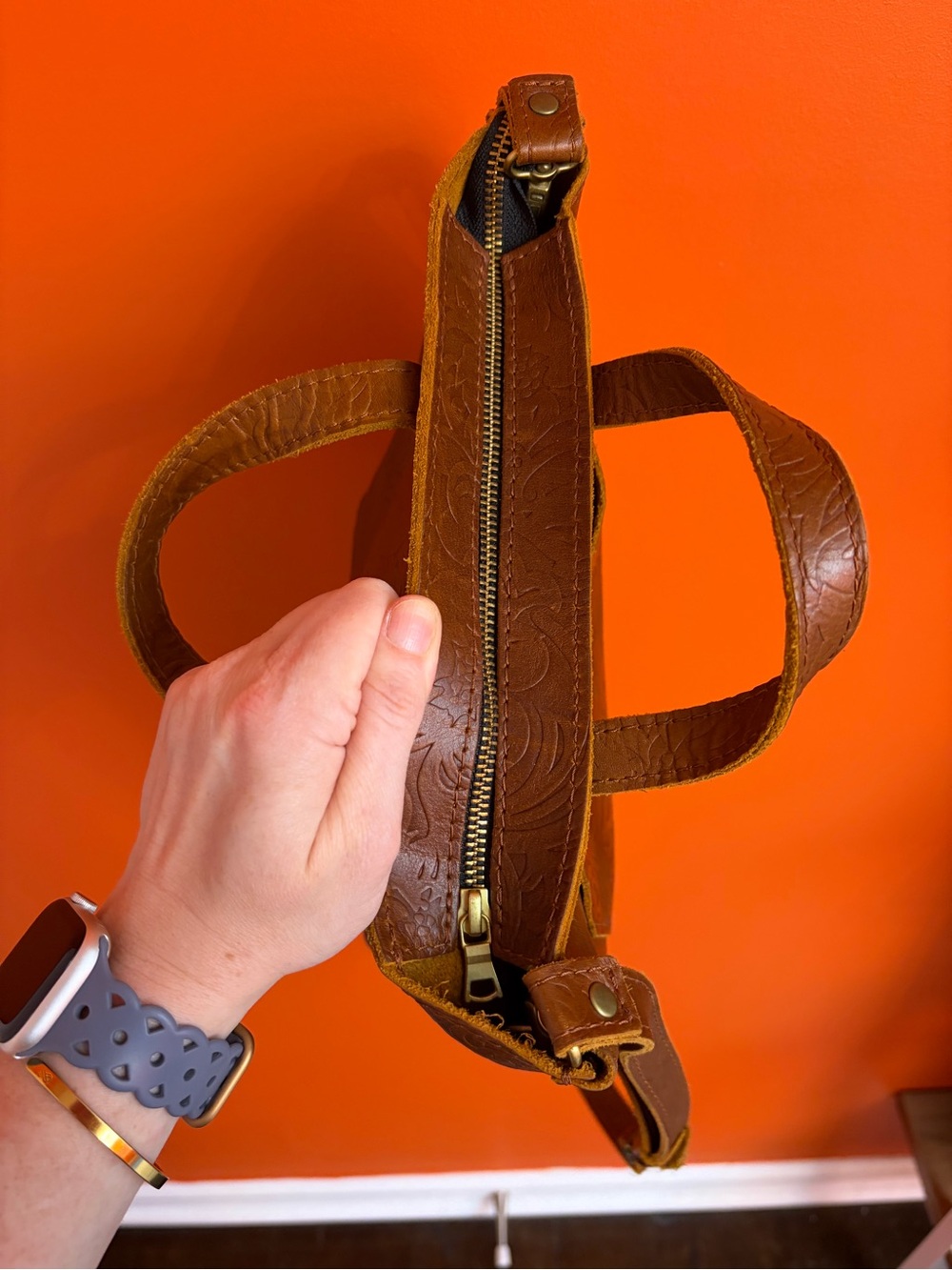 Portland Leather Goods Meadow Zipper Mini Tote Crossbody - Embossed Floral - Picture 11 of 13
